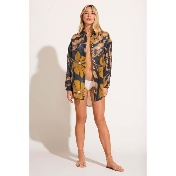 Vitamin A Tops - Vitamin A Size M Playa Linen Boyfriend Shirt Kelp Floral Button Down Cover Up